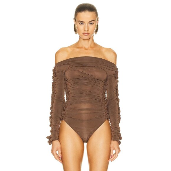 Saint Laurent Off the Shoulder Bodysuit in Terre Brown Long Sleeve - Picture 2 of 5